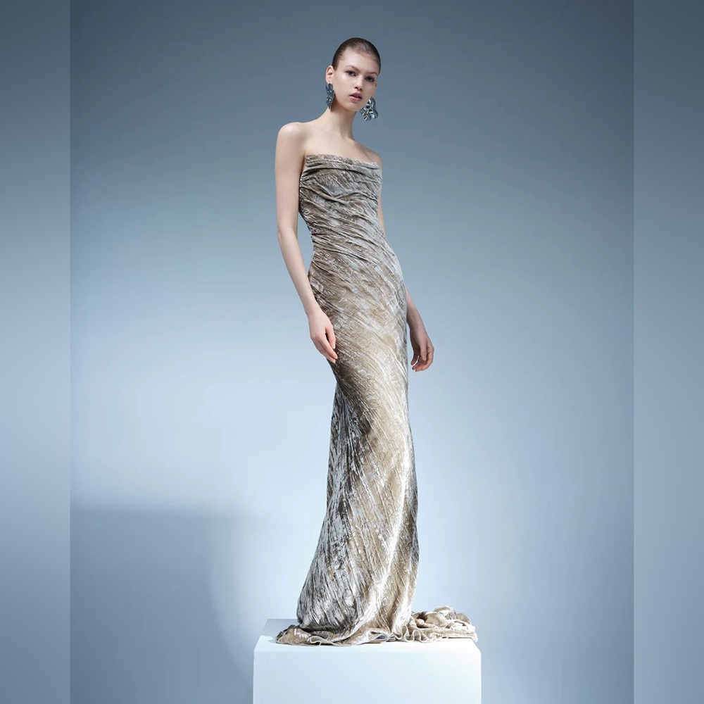 NWT Rare Strapless Crushed-Velvet Gown